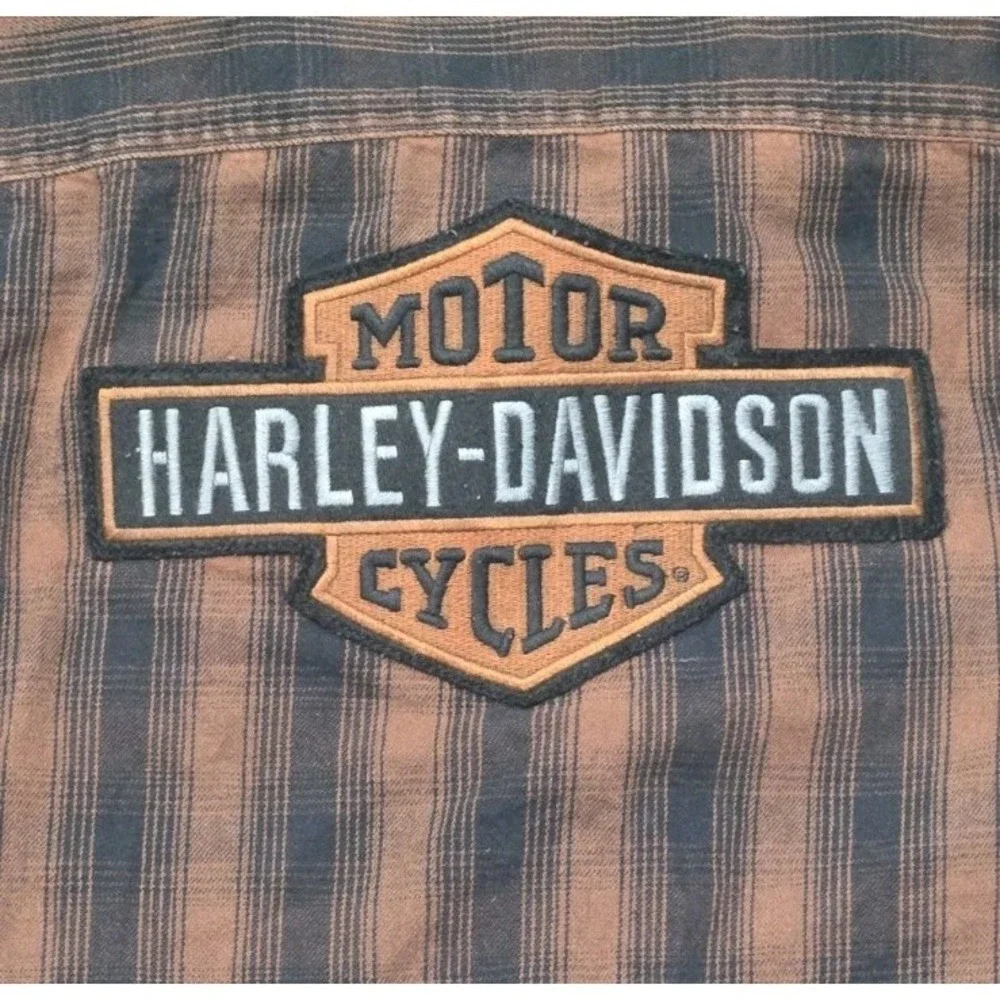 Harley-Davidson Men's Plaid Button-Up Shirt Brown Short Sleeve Embroidered Back